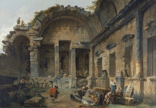 Art objects among antic ruins by Hubert Robert